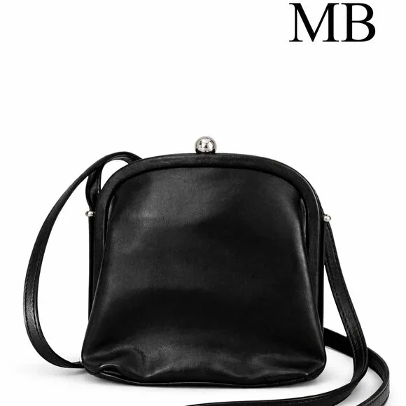MB Vintage Style Black Crossbody Bag Kiss Lock Clasp Mini Purse - Picture 1 of 12